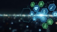 Digital healthcare technology network with medical icons connected by glowing lines on dark background for telemedicine and health innovation concepts.
