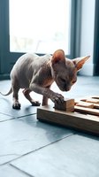 Hairless sphynx cat playing with wooden puzzle toy blocks on floor near window in modern home interior for pet enrichment and mental stimulation activities.