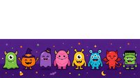 Cute monster characters with horns and silly expressions isolated on purple background with stars and moons, ready for children's designs.