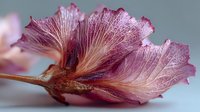 Delicate pink dried flower with intricate textured petals and natural stem, botanical specimen for crafting and decorative arrangements on neutral background.