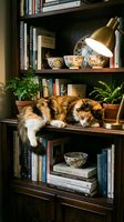 Calico cat resting on wooden bookshelf among stacked books, potted plants, brass lamp, and decorative ceramic bowls in home library interior design setting.