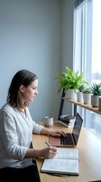 Woman working at wooden desk with laptop, holding pen over notebook, sitting by bright window with potted plants on shelf behind her, natural daylight office workspace.