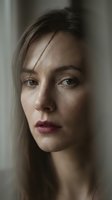 Young Caucasian woman with natural makeup and blonde hair in soft window light creating dramatic shadows and highlights on face for beauty portrait.
