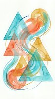Abstract watercolor composition with flowing geometric shapes in turquoise, coral and golden yellow tones creating dynamic movement on white background.