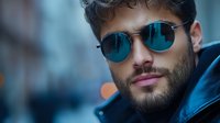 Stylish man with dark hair and beard wearing round blue-tinted sunglasses and blue jacket against blurred urban background. Fashion and lifestyle.