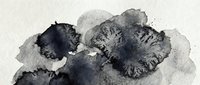 Abstract watercolor ink blots in black and gray tones on textured paper background creating organic flowing shapes for artistic design projects.