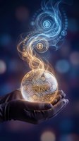 Hand holding glowing orb with cryptocurrency symbols and digital circuit patterns, representing blockchain technology, digital finance, and crypto investment concepts for business applications.
