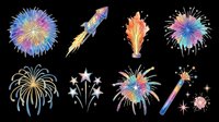 Colorful fireworks and rocket illustrations isolated on transparent background, ready for t-shirt design, clipart, stickers, sublimation and print-on-demand projects.