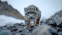 Snow leopard walking on rocky mountain terrain in winter environment, focused predator gaze, majestic wild cat with spotted fur pattern moving through misty landscape.