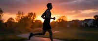 Male runner jogging outdoors at sunset with golden sky and trees, silhouetted figure in motion for fitness and wellness content.