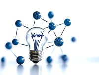 Light bulb surrounded by connected blue molecular structure on white background, representing innovation, scientific discovery and creative technology solutions.