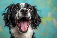 Happy border collie mix dog with open mouth and excited expression against turquoise background, showing playful and energetic personality in studio portrait.