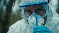 Medical worker in protective suit and goggles holding test tube during virus research in laboratory. Focus on determined eyes through safety equipment.