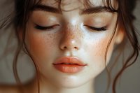 Young woman with freckles and natural makeup in soft sunlight. Portrait showcasing natural beauty and skincare routine for wellness and cosmetic concepts.