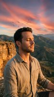 Young Caucasian man meditating peacefully at mountain sunset with dramatic orange sky and flying birds creating serene outdoor wellness moment.