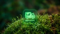 Neon green delivery truck icon with leaf symbol on moss-covered surface, representing eco-friendly logistics and sustainable transport solutions for businesses.