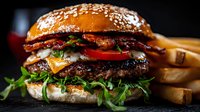Juicy beef burger with melted cheese, crispy bacon, fresh vegetables and arugula on sesame bun, served with potato wedges on wooden board in dark setting.
