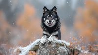 Majestic black wolf with white chest standing on snowy rock against blurred autumn background, showing teeth in friendly expression during snowfall.
