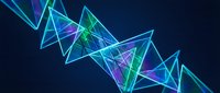 Abstract neon triangles with glowing cyan and purple lines on dark background, suitable for tech, digital design, and modern graphics projects.