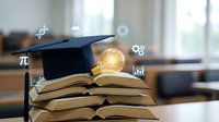 Graduation cap on stack of open books with glowing light bulb and floating academic icons representing education, learning and knowledge achievement.