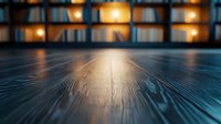 Wooden table surface with blurred library bookshelves in background, warm lighting creates cozy atmosphere. Selective focus on wood grain texture foreground.
