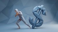 Low poly geometric human figure pulling a large dollar sign with a rope, financial struggle and economic effort concept on blue background.
