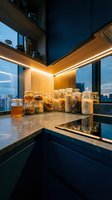 Modern luxury kitchen with glass storage containers filled with dry goods and cereals arranged on dark countertop, warm LED lighting, floor-to-ceiling windows overlooking city skyline at dusk, contemporary interior design.