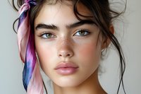 Young woman with natural freckles and glowing skin wearing colorful silk scarf in hair, messy updo hairstyle, minimal makeup look against light background.