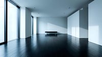 Modern minimalist empty office interior with dark hardwood floors, white walls and large windows providing natural light for corporate spaces.