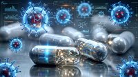 Digital medicine capsules with microchips surrounded by virus particles and data analytics interface for pharmaceutical technology and healthcare innovation.