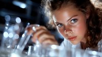 Young female scientist in laboratory examining test tubes with focused expression against blurred background of scientific equipment and bokeh lights.