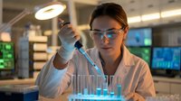 Female scientist in white lab coat conducting research with test tubes in modern laboratory setting for medical and pharmaceutical studies.