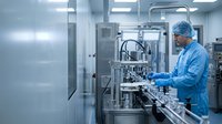 Pharmaceutical technician in protective suit operating automated production line in sterile manufacturing facility for drug development and quality control.