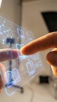 Person with medium skin tone touching holographic interface displaying glowing digital icons and data visualization for technology, innovation, and futuristic digital interaction concepts.
