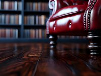Luxurious red leather armchair detail against dark wooden floor and blurred bookshelf background, creating moody atmospheric interior design scene.