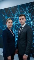 Professional business team standing against futuristic digital network background in modern corporate office environment for technology presentations.