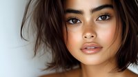 Close up portrait of young Asian woman with short dark hair, natural makeup, and glowing skin against light background, expressing confidence and serenity.