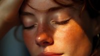 Young woman with freckles and closed eyes in warm golden sunlight, hand touching head in peaceful moment of contemplation.