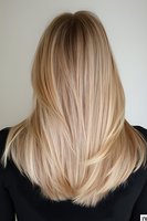 Back view of long straight blonde hair with natural balayage highlighting, showcasing smooth texture and layered cut on woman wearing black top. Perfect for beauty salon advertising.