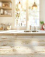 Empty wooden table surface in bright sunny kitchen with blurred background, natural sunlight through windows creates warm atmosphere for product display.