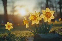 Bright yellow daffodils blooming in spring garden with warm sunlight and bokeh background creating peaceful seasonal atmosphere for nature photography.