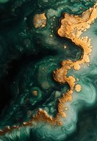 Abstract fluid art in deep emerald green and metallic gold tones creates luxurious marble effect with swirling patterns and organic flowing shapes.