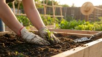 Hands in gardening gloves planting seedlings in raised bed garden with fresh soil and green plants in background during golden hour sunlight.