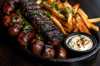Grilled sausages with golden french fries and creamy sauce on black plate, garnished with fresh herbs. Close up view of juicy barbecue meat for restaurant menu.