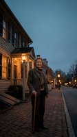 Senior Caucasian man with walking cane standing on historic cobblestone street at dusk with warm glowing streetlights and colonial architecture in background.