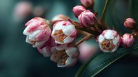 Delicate pink and white spring blossoms with frost or dew drops on dark green branch against blurred teal background.