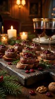 Gourmet beef tenderloin appetizers with cranberry sauce on rustic wooden board, candlelit holiday dinner setting with red wine glasses and festive decorations.