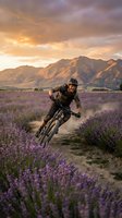 Mountain biker riding through purple lavender field at golden hour sunset with dramatic mountain landscape backdrop for outdoor adventure sports.