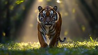 Majestic Bengal tiger walking through sunlit forest floor with golden bokeh lights and green grass, creating dramatic wildlife atmosphere. For nature photography.