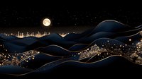 Abstract luxury landscape with flowing waves in navy blue and gold, featuring full moon and starry night sky for elegant wall art and premium decor projects.